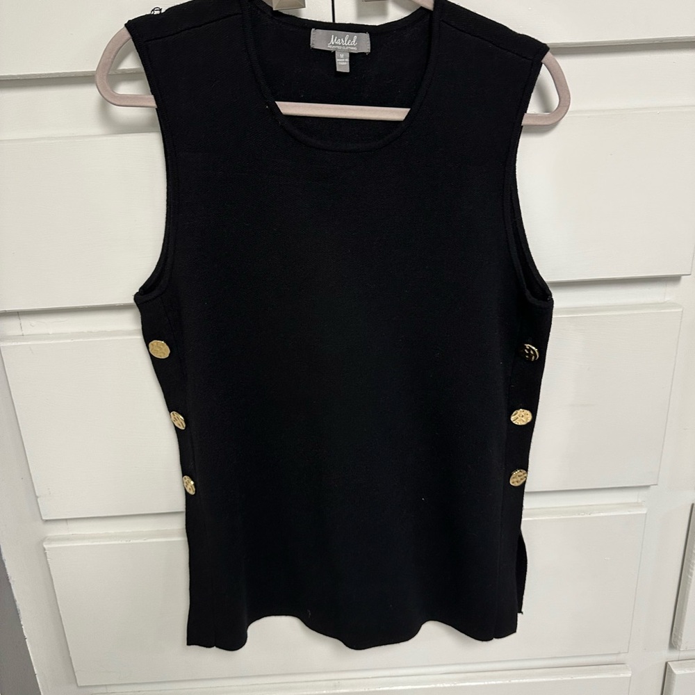 Lafayette 148 New York Black Sleeveless Knit Top with Gold Buttons